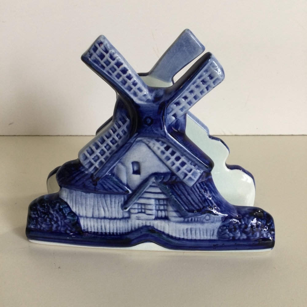 Delft T'S Blauw Napkin Holder Blue White Windmill Ceramic